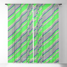 [ Thumbnail: Lime, Tan, Grey & Dark Blue Colored Lined/Striped Pattern Sheer Curtain ]