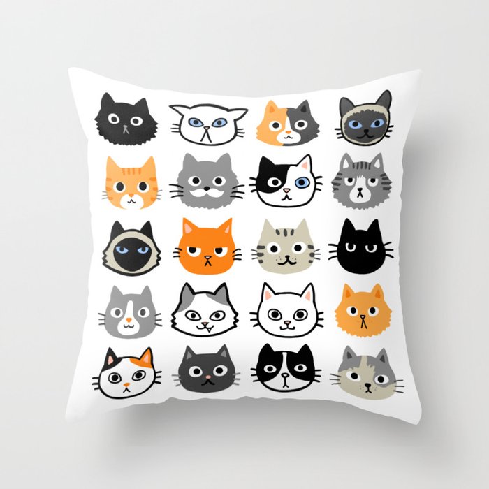 Cute Cats | Assorted Kitty Cat Faces | Fun Feline Drawings Throw Pillow