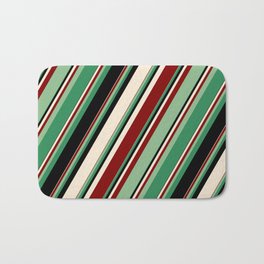 [ Thumbnail: Colorful Beige, Maroon, Dark Sea Green, Sea Green, and Black Colored Striped Pattern Bath Mat ]