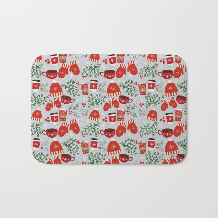 Coffee and Mittens Christmas Pattern Bath Mat