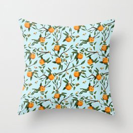 Bees, Oranges & Flowers - Light Blue Pattern Throw Pillow
