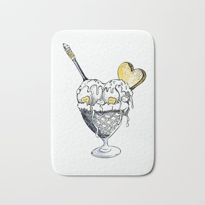 Ice cream in vintage waffle bowl with spoon and heart cookie Bath Mat