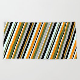 [ Thumbnail: Light Cyan, Dark Orange, Dark Olive Green, Grey, and Black Colored Striped Pattern Beach Towel ]