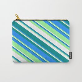 [ Thumbnail: Dark Cyan, Blue, Green & White Colored Striped Pattern Carry-All Pouch ]