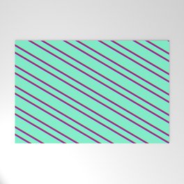 [ Thumbnail: Aquamarine, Brown, and Dark Violet Colored Pattern of Stripes Welcome Mat ]