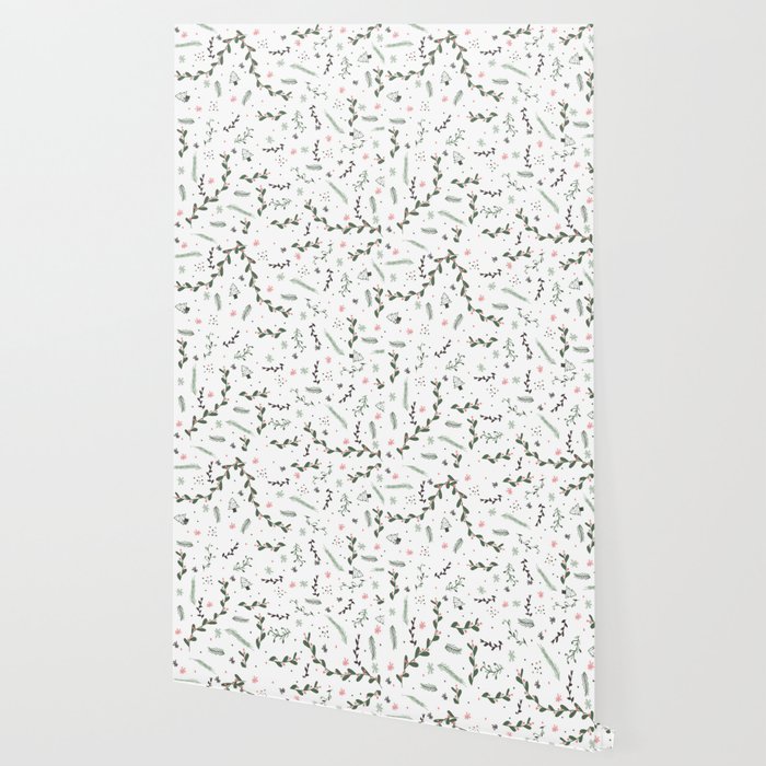 Green Pink Grey Cute Christmas Pattern Floral Branch Wallpaper By Girlytrend Society6