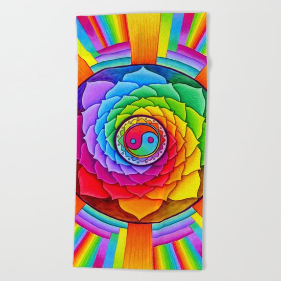 Healing Lotus Rainbow Yin Yang Mandala Beach Towel