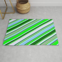 [ Thumbnail: Eye-catching Dark Sea Green, Lime, Lavender, Light Sky Blue, and Dark Green Colored Stripes Pattern Rug ]