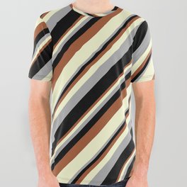 [ Thumbnail: Sienna, Light Yellow, Dark Grey, and Black Colored Stripes Pattern All Over Graphic Tee ]