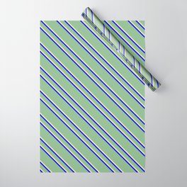 [ Thumbnail: Dark Sea Green, Pale Goldenrod, and Blue Colored Striped Pattern Wrapping Paper ]