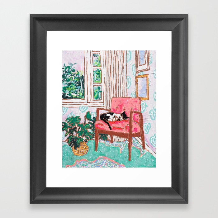 Little Naps - Tuxedo Cat Napping in a Pink Mid-Century Chair by the Window Framed Art Print