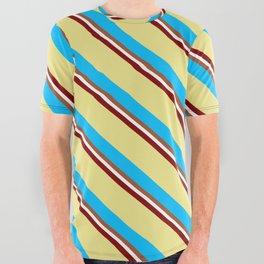 [ Thumbnail: Vibrant Maroon, Tan, Deep Sky Blue, Sienna & White Colored Striped/Lined Pattern All Over Graphic Tee ]
