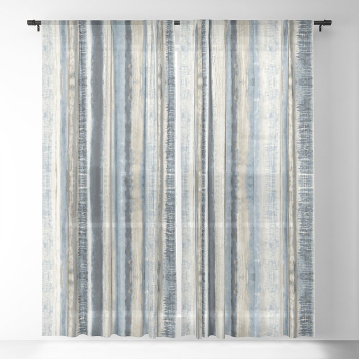 Distressed Blue and White Watercolor Stripe Sheer Curtain
