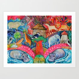 Happy Africa Art Print | Elephant, Zebre, Watercolor, Africa, Lion, Happyafrica, Africain, Baobab, Painting, Acrylic 