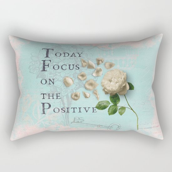 Positive - Quote with Rose Flower- Floral Collage and Wisdom on turquoise background on #Society6 Rectangular Pillow