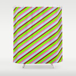 [ Thumbnail: Green, Hot Pink, Powder Blue, and Brown Colored Lined/Striped Pattern Shower Curtain ]