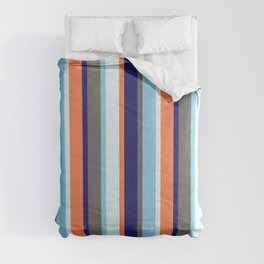 [ Thumbnail: Colorful Dim Gray, Sky Blue, Light Cyan, Coral & Midnight Blue Colored Lined/Striped Pattern Comforter ]