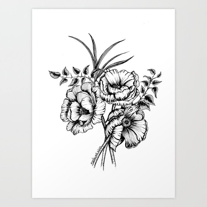 Flower bouquet in black and white, floral line drawing, pen and ink ...
