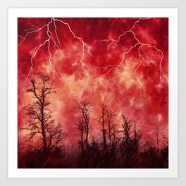 Mysterious Fiery Skies with Lightning Art Print | Wildfires, Watercolor, Fierysky, Forestpainting, Mysterious, Lightningsky, Creepy, Flames, Redandblack, Graphicdesign 