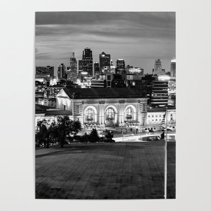 Kansas City Skyline Wide Angle Panorama - Black and White Poster