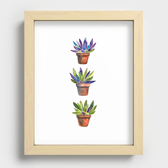 Vertical triptych watercolor succulents Recessed Framed Print