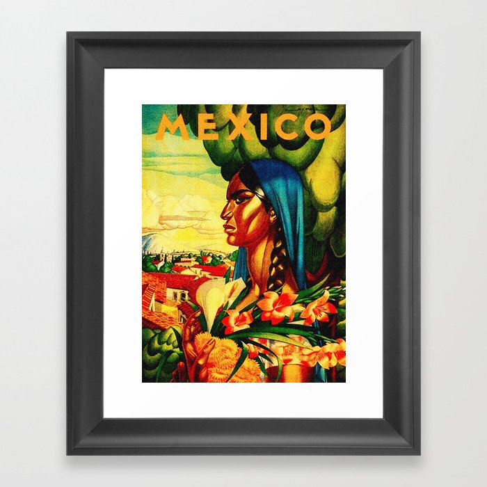Vintage Mexico Travel - Woman with Flowers Framed Art Print
