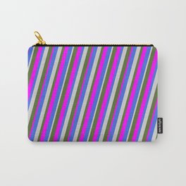 [ Thumbnail: Royal Blue, Light Grey, Dark Olive Green, and Fuchsia Colored Stripes Pattern Carry-All Pouch ]