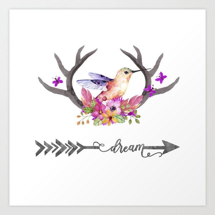 Hummingbird on floral Antlers and Dream arrow Art Print