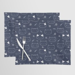 Navy Blue and White Doodle Kitten Faces Pattern Placemat