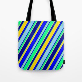[ Thumbnail: Eyecatching Blue, Green, Yellow, Light Sky Blue & Dark Blue Colored Lines/Stripes Pattern Tote Bag ]