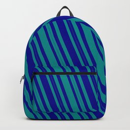 [ Thumbnail: Dark Blue and Dark Cyan Colored Lined/Striped Pattern Backpack ]
