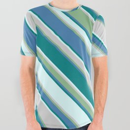 [ Thumbnail: Eye-catching Light Cyan, Light Grey, Dark Sea Green, Blue, and Teal Colored Striped Pattern All Over Graphic Tee ]