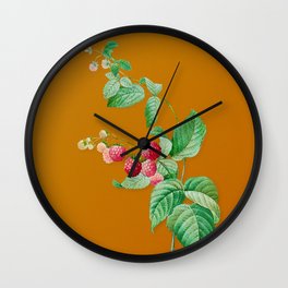 Vintage Red Berries Botanical Illustration on Bright Orange Wall Clock
