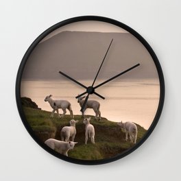 Little lambs Wall Clock | Ocean, Dusk, Landscape, Lamb, Evening, Cliffs, Sunset, Sea, Seascape, Digital 