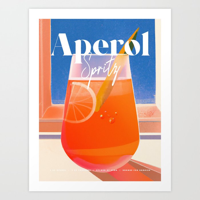 Aperol Spritz Big Glass Retro Cocktail Art Homebar Recipe Vintage Art Print