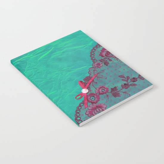Claire´s treasure I - Pink lace,ribbon and pearl on aqua backround Notebook