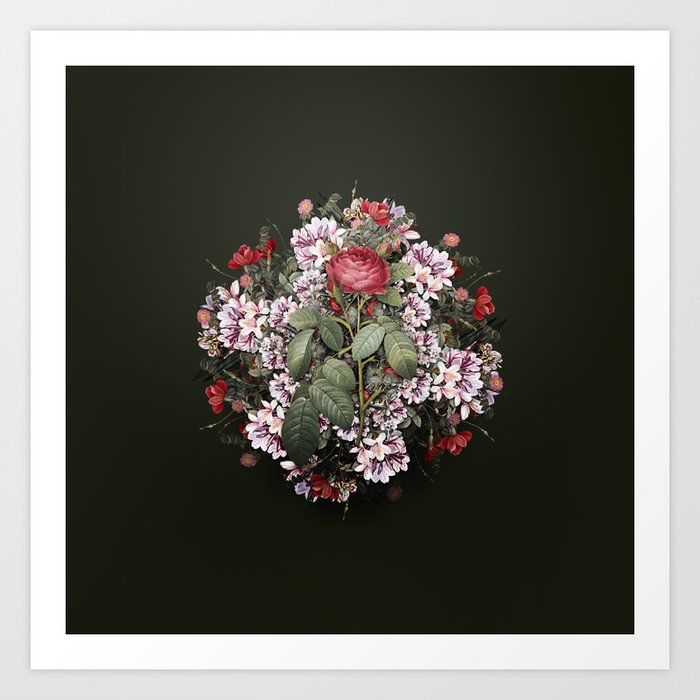 Vintage Red Gallic Rose Flower Wreath on Olive Green Art Print