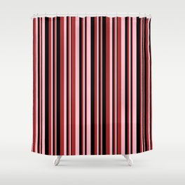 [ Thumbnail: Pink, Brown & Black Colored Striped Pattern Shower Curtain ]