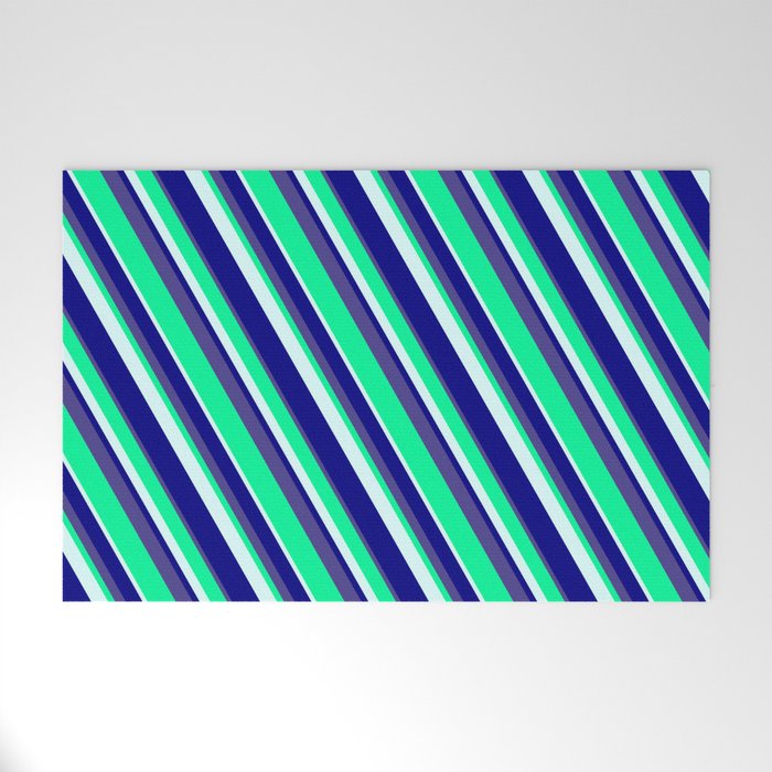Green, Light Cyan, Blue & Dark Slate Blue Colored Lines/Stripes Pattern Welcome Mat