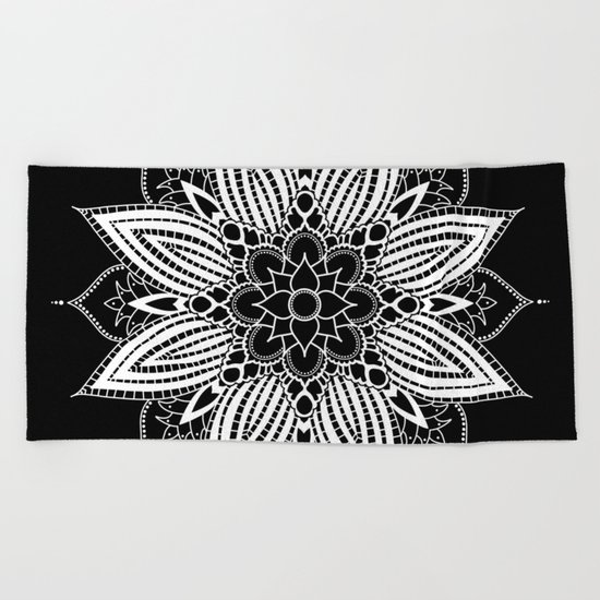 Black and White Flower Mandala Beach Towel