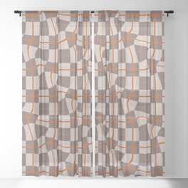 Warped Checkerboard Grid Illustration Coral Red Brown Beige Sheer Curtain