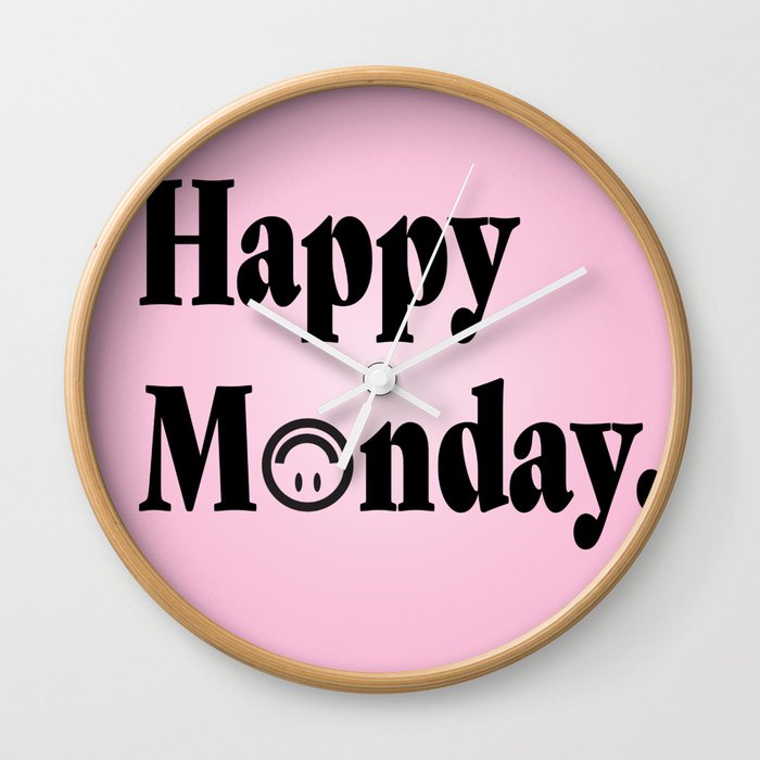 Happy Monday Upside down Smiley Face Pink Wall Clock