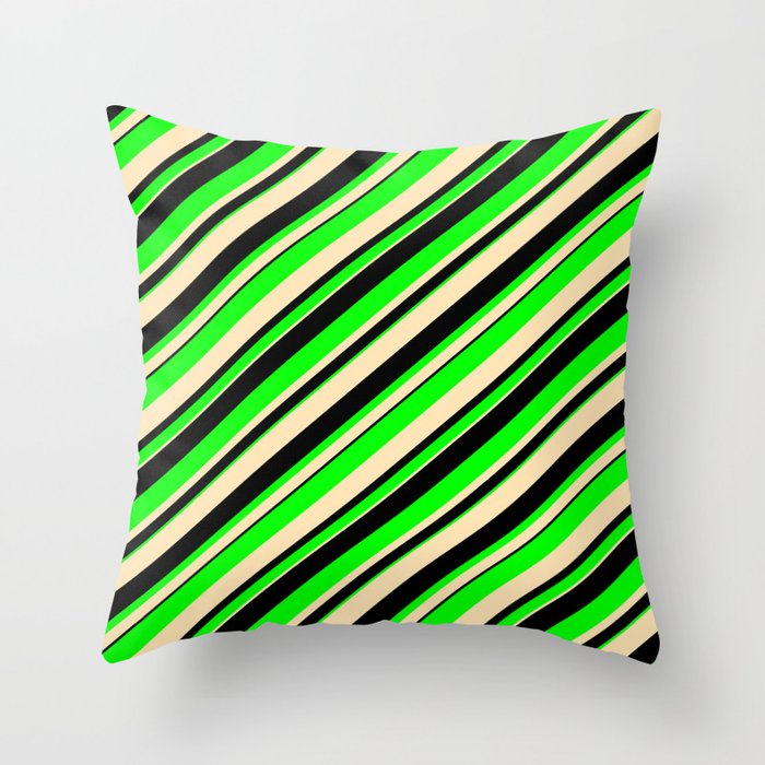 Beige, Black & Lime Colored Lined/Striped Pattern Throw Pillow