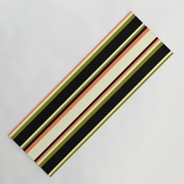 [ Thumbnail: Coral, Light Yellow, Green, and Black Colored Lined/Striped Pattern Yoga Mat ]