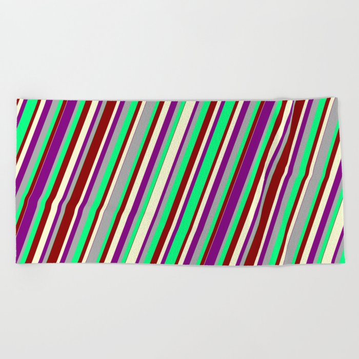 Colorful Dark Gray, Green, Dark Red, Light Yellow, and Purple Colored Lined/Striped Pattern Beach Towel