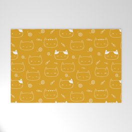 Mustard and White Doodle Kitten Faces Pattern Welcome Mat