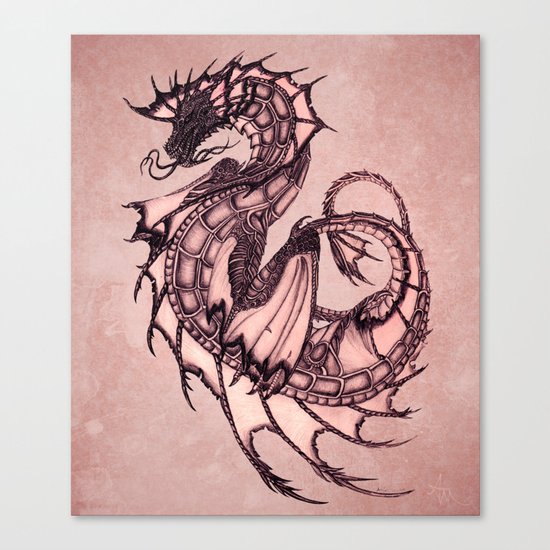 "Tsunami" by Amber Marine ~ Sea Dragon (Coral Version) ~ Graphite & Charcoal Illustration, (c) 2005 Canvas Print