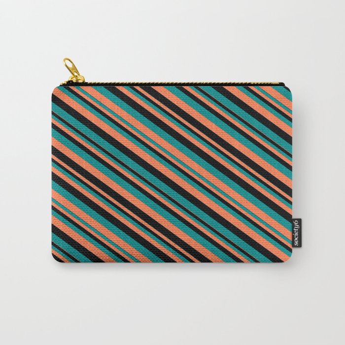 Black, Dark Cyan & Coral Colored Striped Pattern Carry-All Pouch