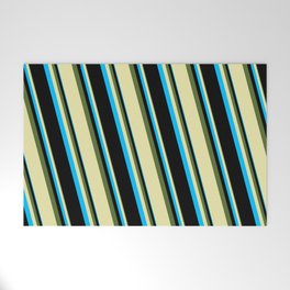 [ Thumbnail: Dark Olive Green, Pale Goldenrod, Deep Sky Blue, and Black Colored Pattern of Stripes Welcome Mat ]