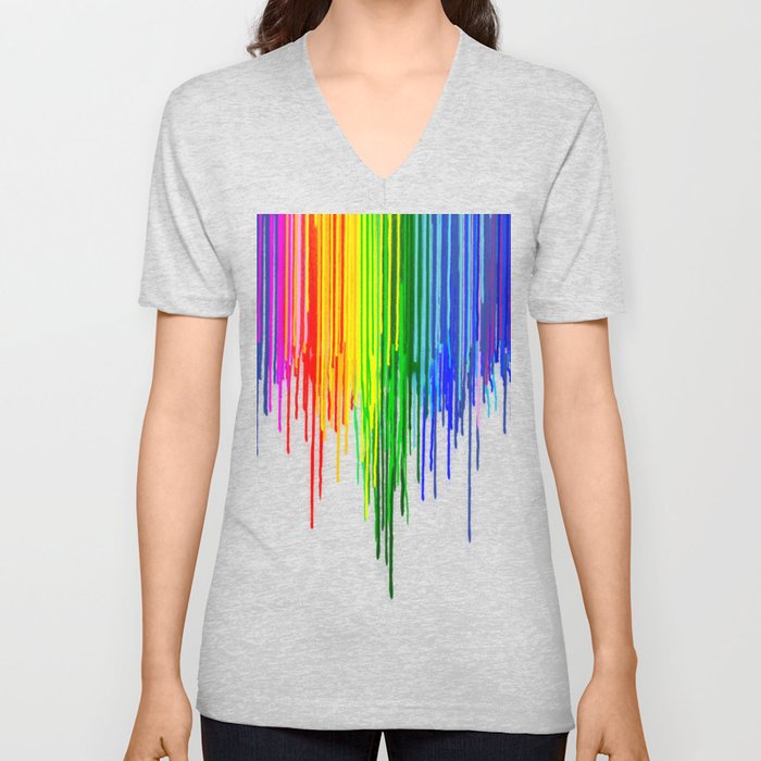 Rainbow Paint Drops on White V Neck T Shirt
